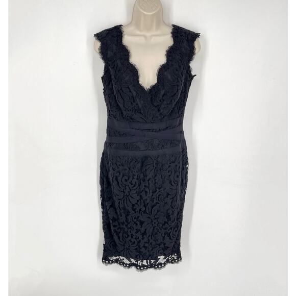 Tadashi Shoji Embroidered Lace V-Neck Cocktail Dress Sz 4 Black Ribbon Waist - Picture 1 of 12